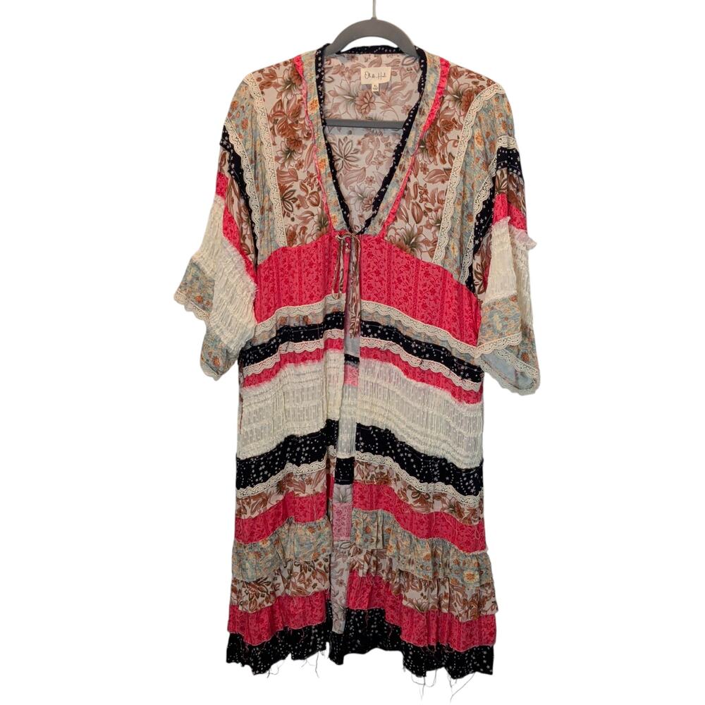 Oli & Hali Women's Sz XL Long Duster Kimono Cardigan Patchwork Boho Distressed